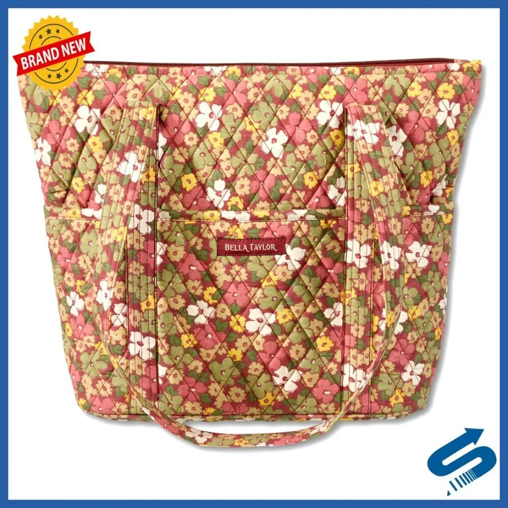 Lightweight Quilted Cotton Tote Bag with 10 Pockets for Women